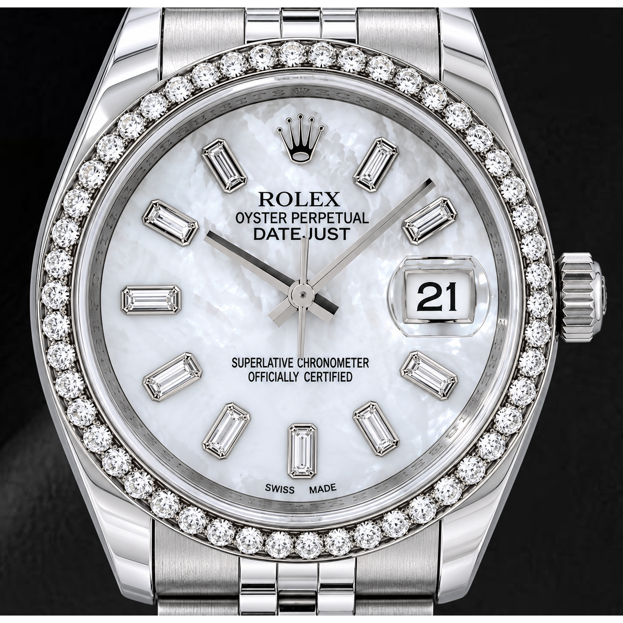 Rolex Datejust 36 mm 116200 Uhr, Baguette-Diamantzifferblatt aus weißem Perlmutt, Diamantlünette, Jubilé-Armband