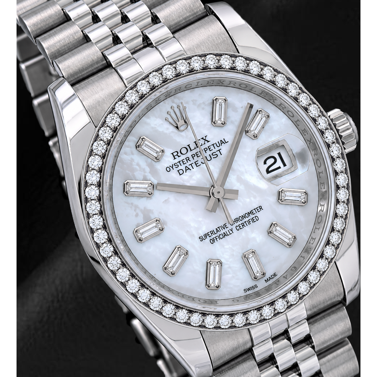 Rolex Datejust 36 mm 116200 Uhr, Baguette-Diamantzifferblatt aus weißem Perlmutt, Diamantlünette, Jubilé-Armband