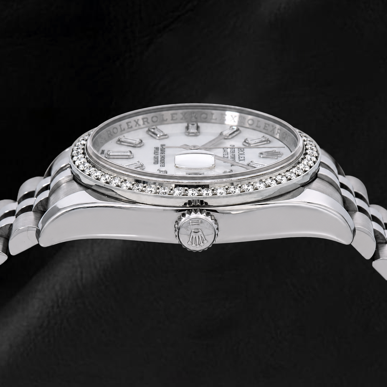 Rolex Datejust 36 mm 116200 Uhr, Baguette-Diamantzifferblatt aus weißem Perlmutt, Diamantlünette, Jubilé-Armband