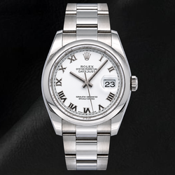 Rolex Datejust 36 mm 116200 Uhr mit weißem römischem Zifferblatt und glatter Lünette