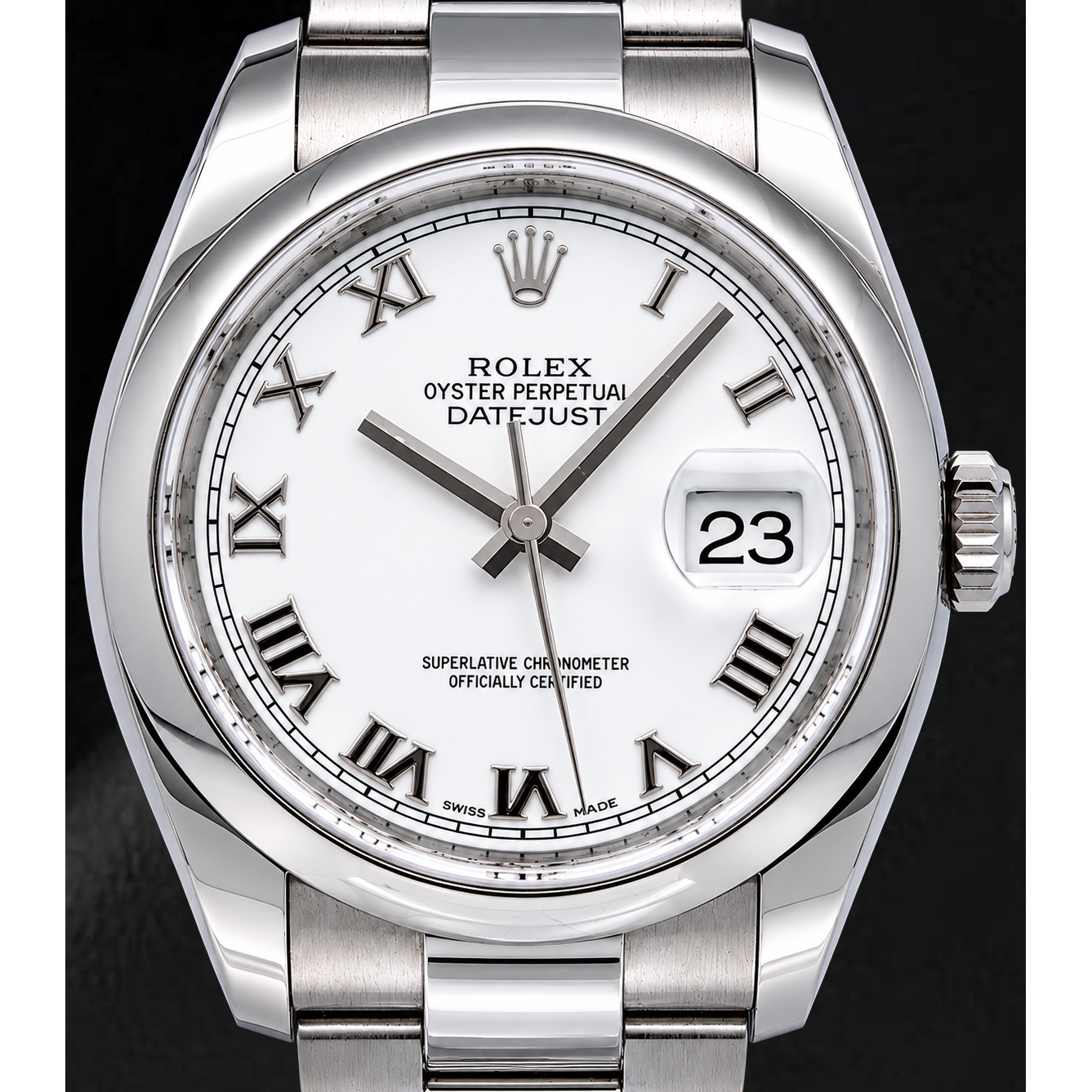 Rolex Datejust 36 mm 116200 Uhr mit weißem römischem Zifferblatt und glatter Lünette
