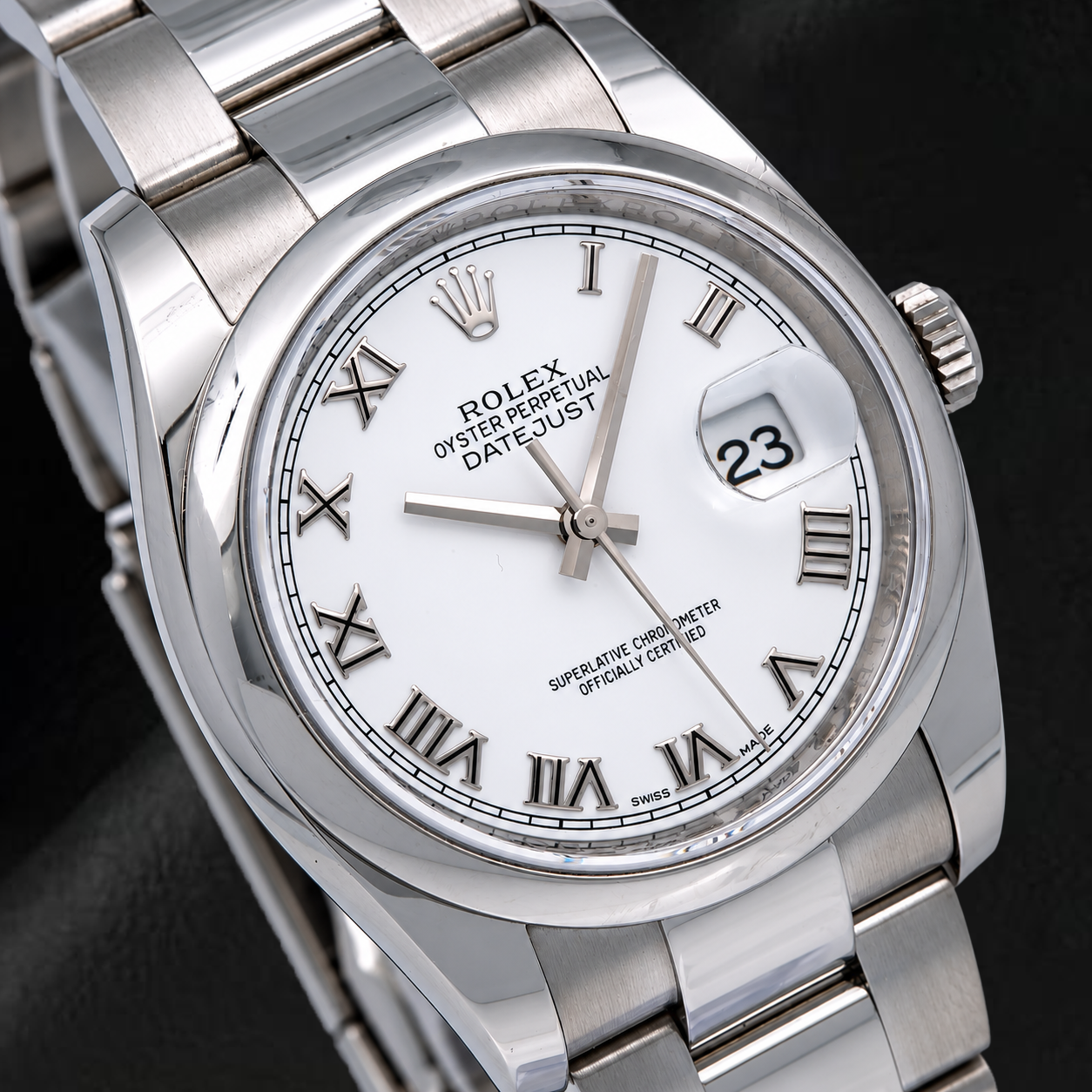 Rolex Datejust 36 mm 116200 Uhr mit weißem römischem Zifferblatt und glatter Lünette