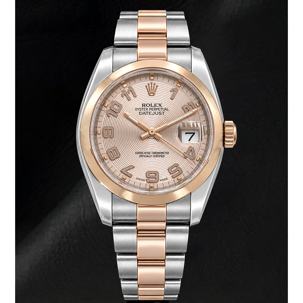 Rolex Datejust 36 mm 116201 Bicolor Uhr mit rosa konzentrischem Zifferblatt und arabischen Ziffern
