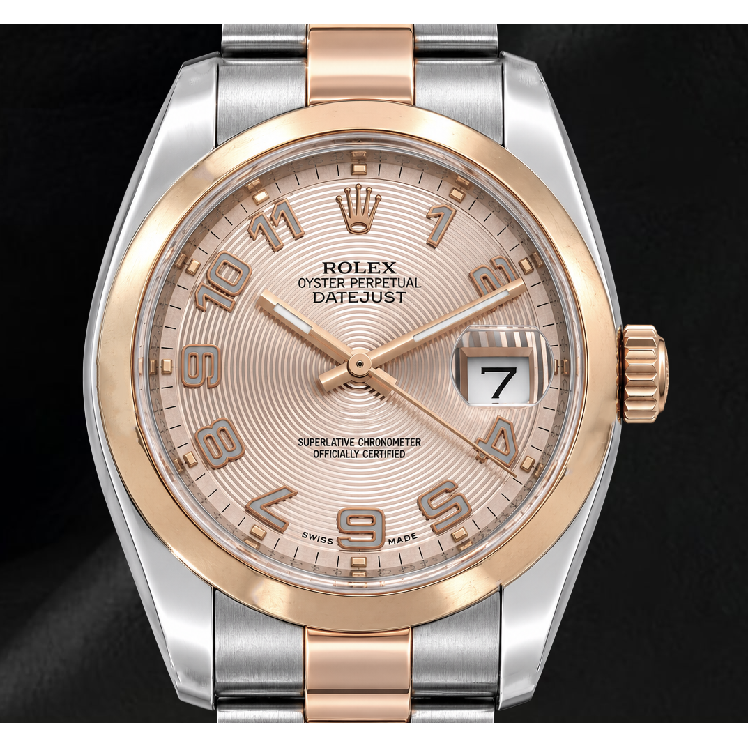 Rolex Datejust 36 mm 116201 Bicolor Uhr mit rosa konzentrischem Zifferblatt und arabischen Ziffern