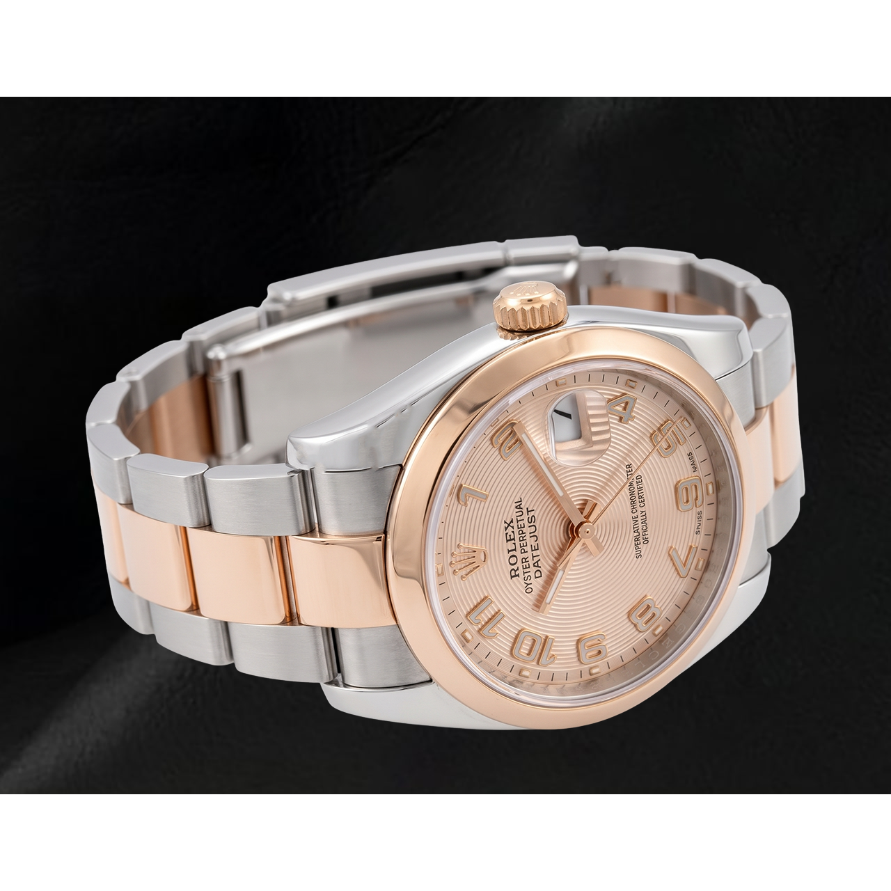 Rolex Datejust 36 mm 116201 Bicolor Uhr mit rosa konzentrischem Zifferblatt und arabischen Ziffern