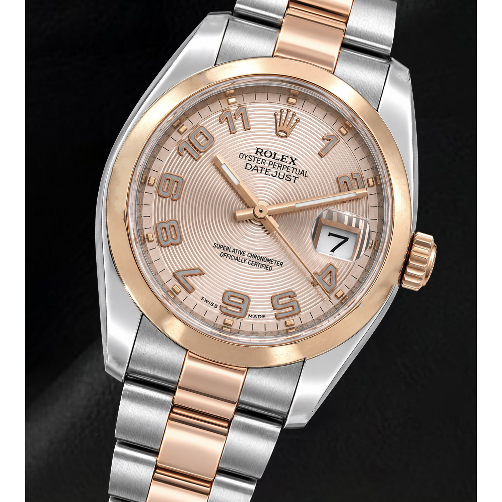 Rolex Datejust 36 mm 116201 Bicolor Uhr mit rosa konzentrischem Zifferblatt und arabischen Ziffern
