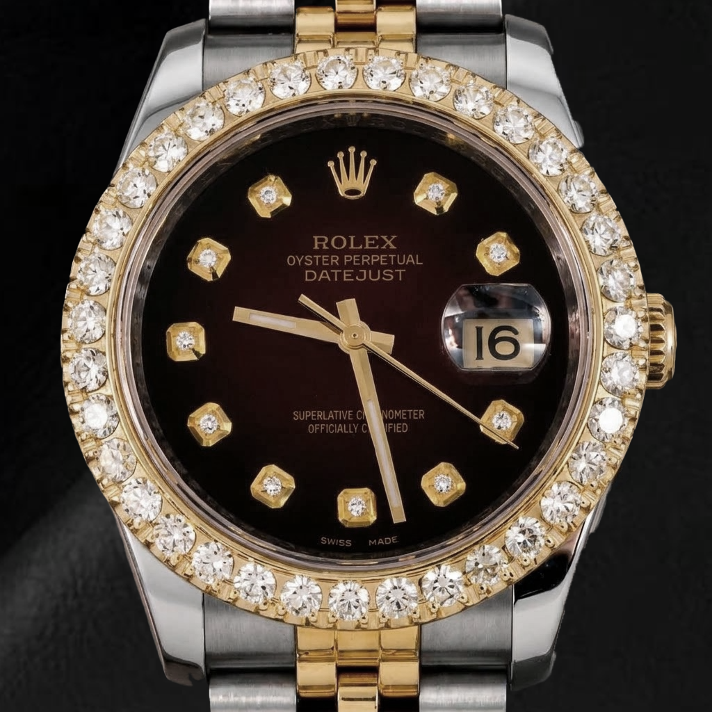 Rolex Datejust 36 mm 116233 Bicolor-Uhr mit rotem Diamantzifferblatt und Diamantlünette