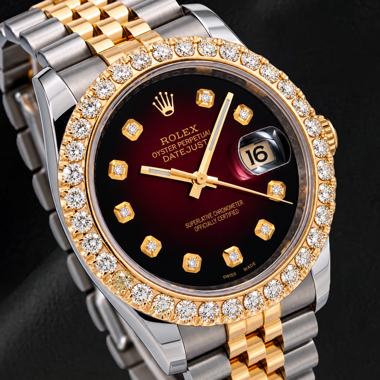 Rolex Datejust 36 mm 116233 Bicolor-Uhr mit rotem Diamantzifferblatt und Diamantlünette