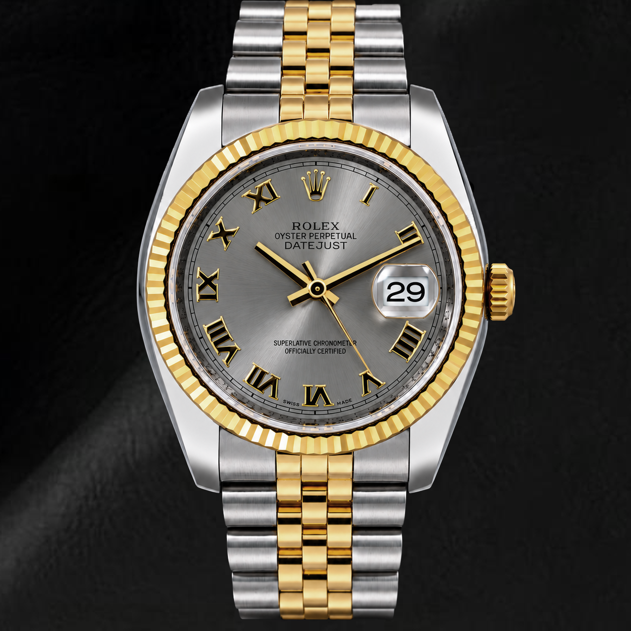 Rolex Datejust 36 mm 116233 Uhr, graues römisches Zifferblatt, geriffelte Lünette, Bicolor Jubilé-Armband