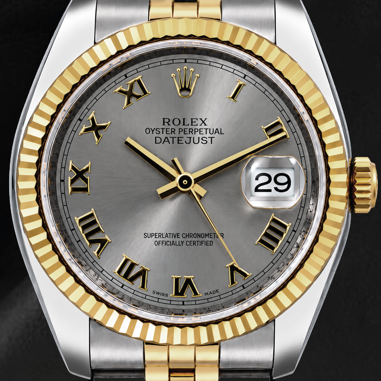 Rolex Datejust 36 mm 116233 Uhr, graues römisches Zifferblatt, geriffelte Lünette, Bicolor Jubilé-Armband