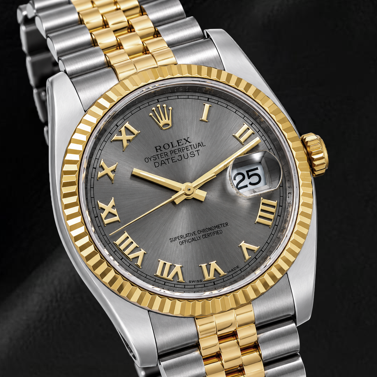 Rolex Datejust 36 mm 116233 Uhr, graues römisches Zifferblatt, geriffelte Lünette, Bicolor Jubilé-Armband