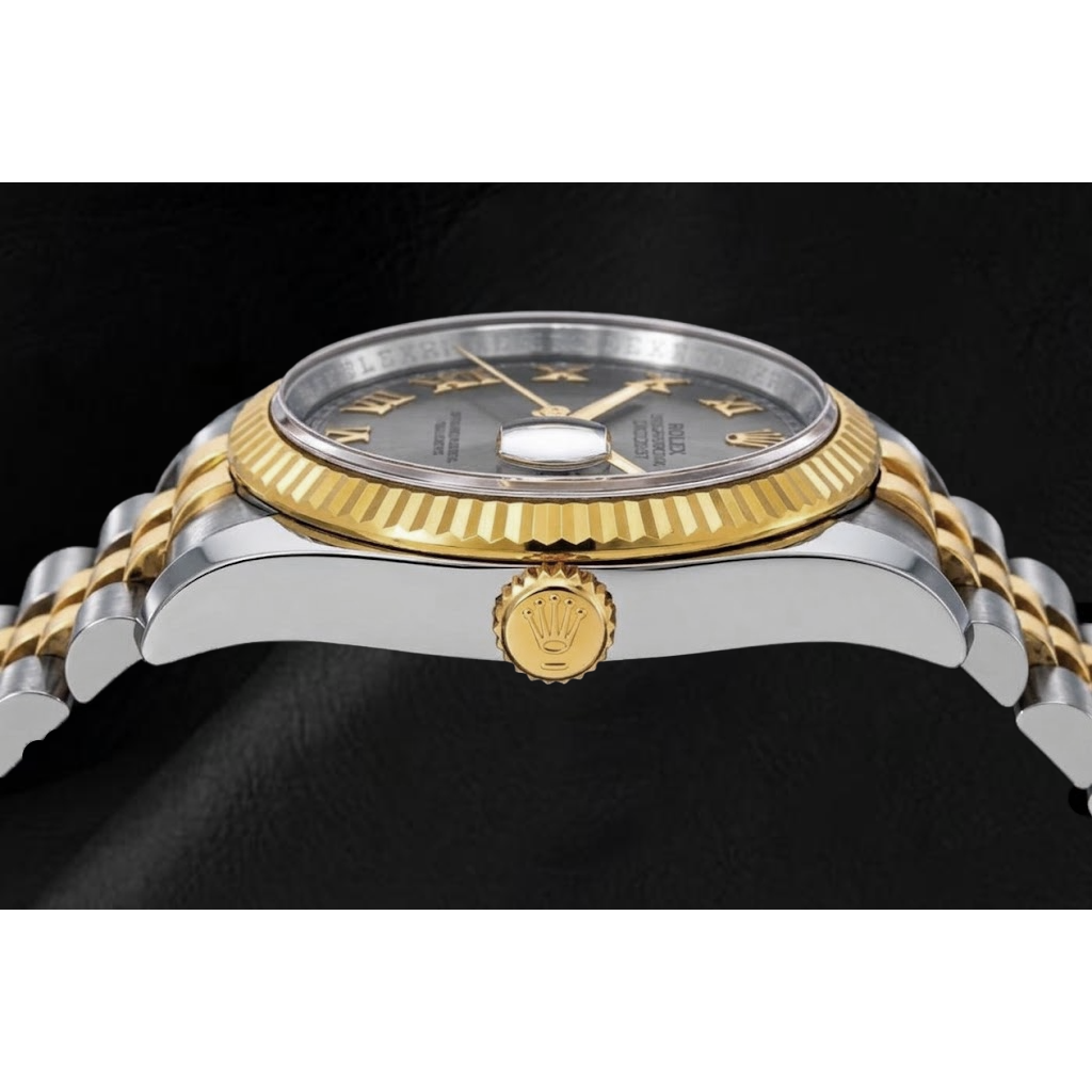Rolex Datejust 36 mm 116233 Uhr, graues römisches Zifferblatt, geriffelte Lünette, Bicolor Jubilé-Armband