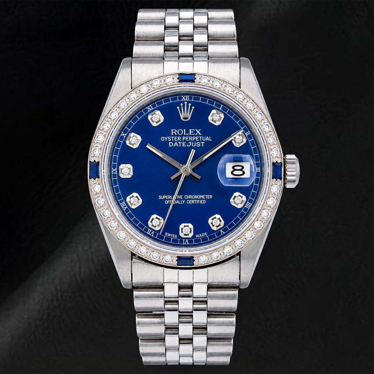 Rolex Datejust 36 mm 1601 Edelstahluhr mit blauem Diamantzifferblatt und Diamantlünette