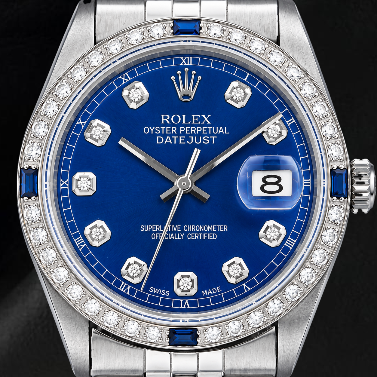 Rolex Datejust 36 mm 1601 Edelstahluhr mit blauem Diamantzifferblatt und Diamantlünette