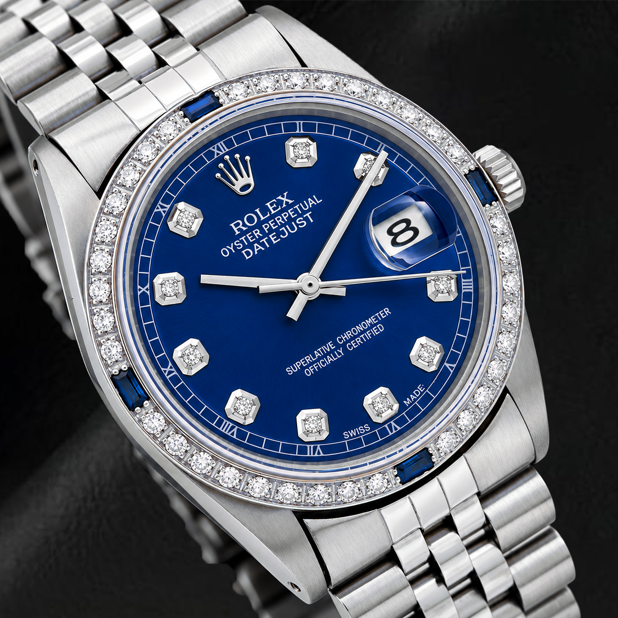 Rolex Datejust 36 mm 1601 Edelstahluhr mit blauem Diamantzifferblatt und Diamantlünette