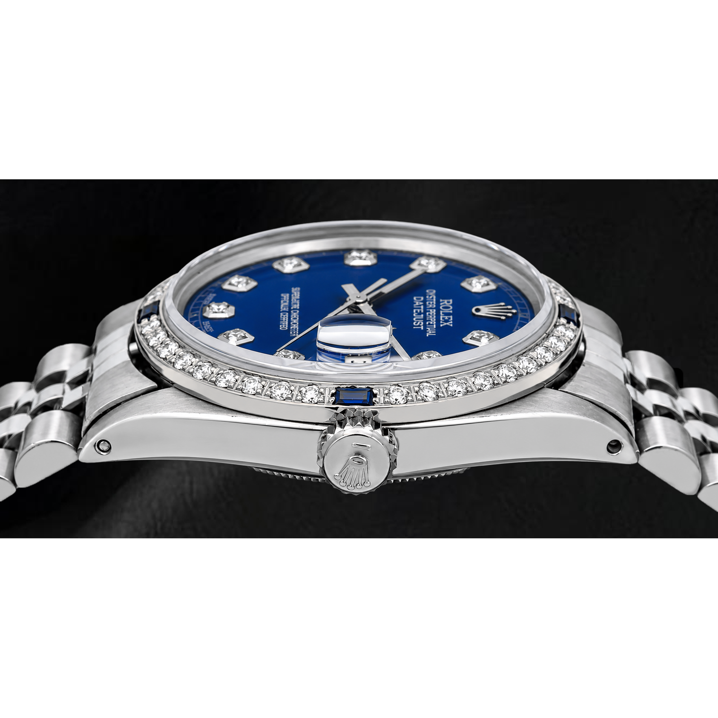 Rolex Datejust 36 mm 1601 Edelstahluhr mit blauem Diamantzifferblatt und Diamantlünette