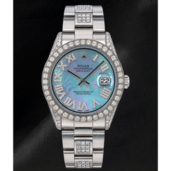 Rolex Datejust 36 mm 1601 Uhr aus Edelstahl mit blauem Perlmutt-Diamantzifferblatt und römischen Ziffern