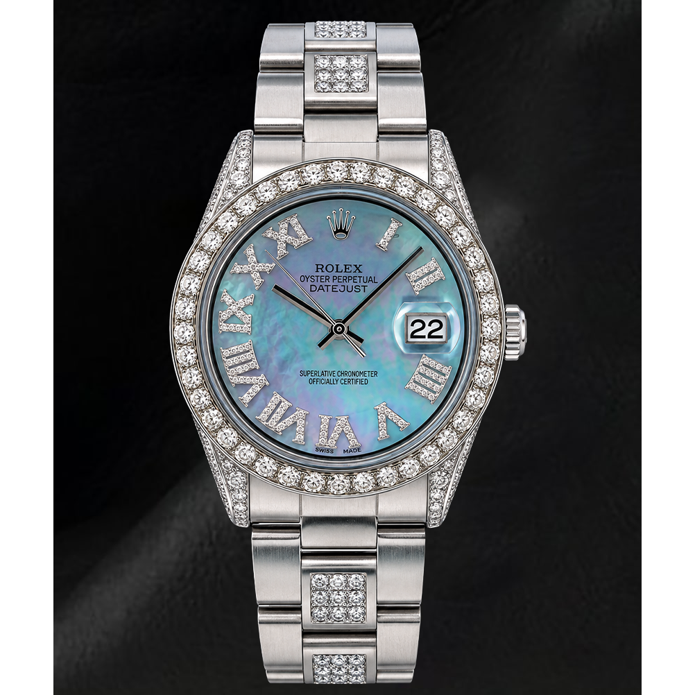 Rolex Datejust 36 mm 1601 Uhr aus Edelstahl mit blauem Perlmutt-Diamantzifferblatt und römischen Ziffern