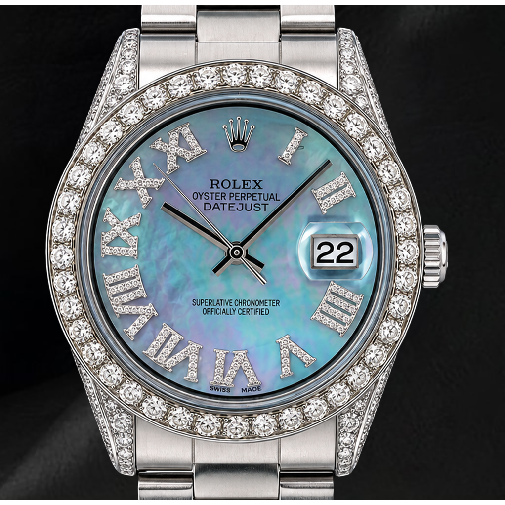 Rolex Datejust 36 mm 1601 Uhr aus Edelstahl mit blauem Perlmutt-Diamantzifferblatt und römischen Ziffern