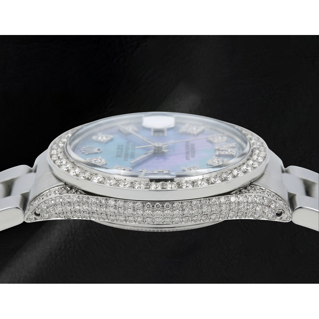 Rolex Datejust 36 mm 1601 Uhr aus Edelstahl mit blauem Perlmutt-Diamantzifferblatt und römischen Ziffern