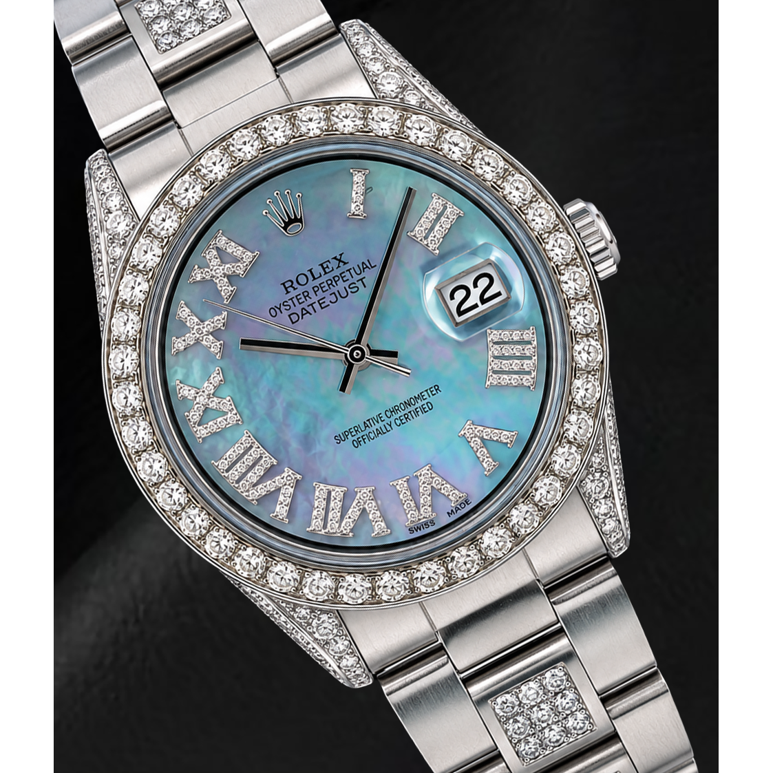 Rolex Datejust 36 mm 1601 Uhr aus Edelstahl mit blauem Perlmutt-Diamantzifferblatt und römischen Ziffern