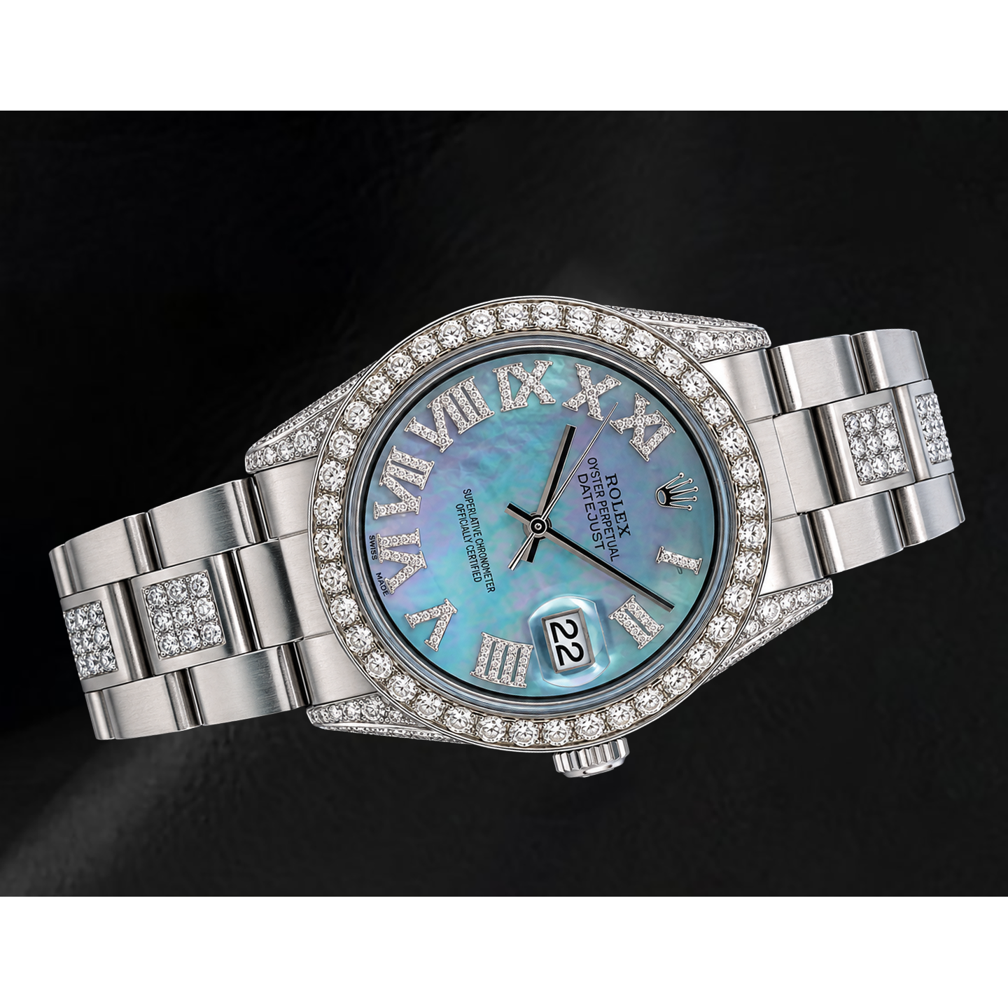 Rolex Datejust 36 mm 1601 Uhr aus Edelstahl mit blauem Perlmutt-Diamantzifferblatt und römischen Ziffern