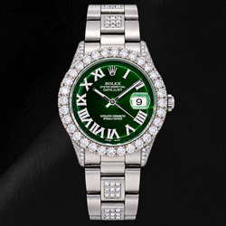 Rolex Datejust 36 mm 6605 Uhr aus Edelstahl mit grünem römischem Diamantzifferblatt und Diamantlünette