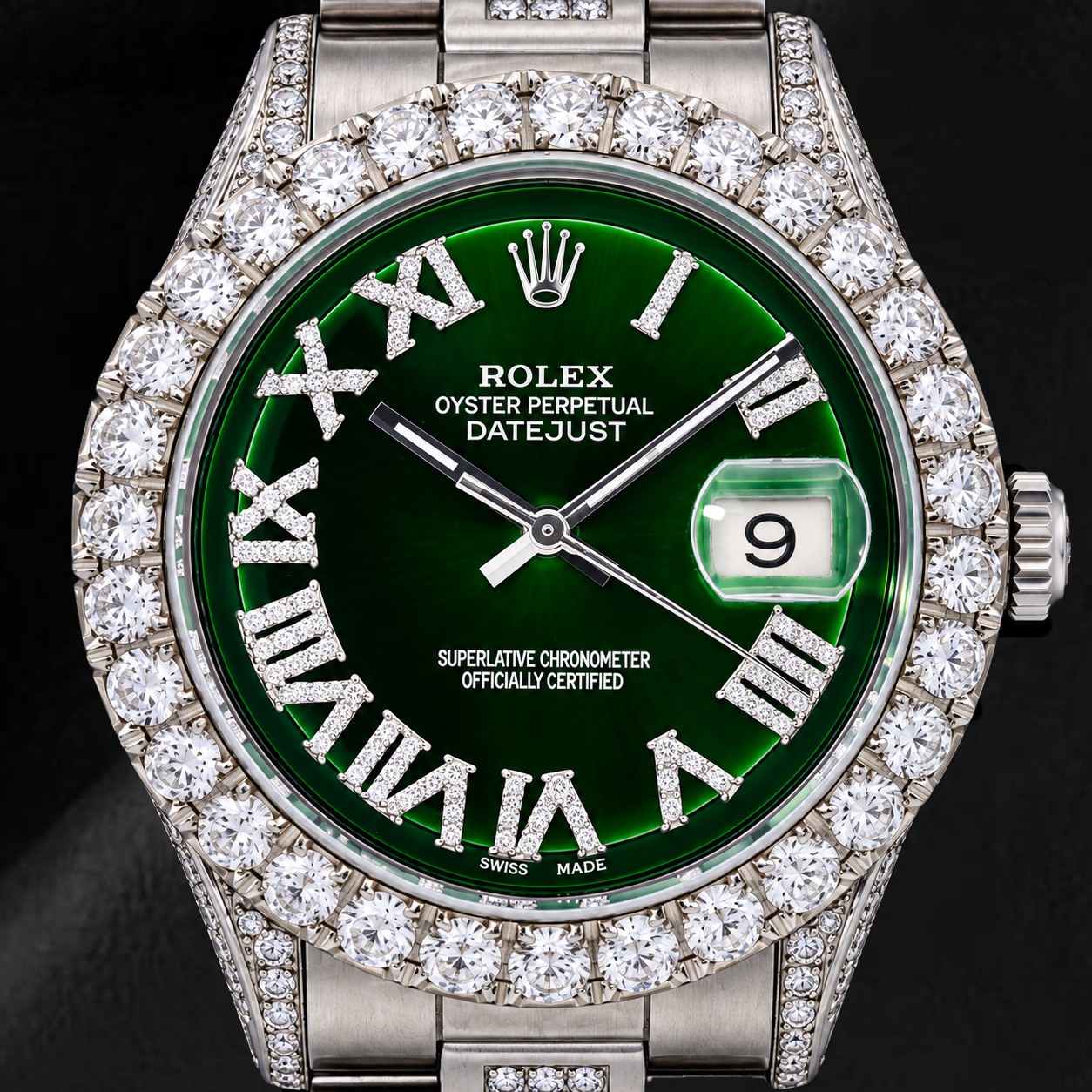 Rolex Datejust 36 mm 6605 Uhr aus Edelstahl mit grünem römischem Diamantzifferblatt und Diamantlünette