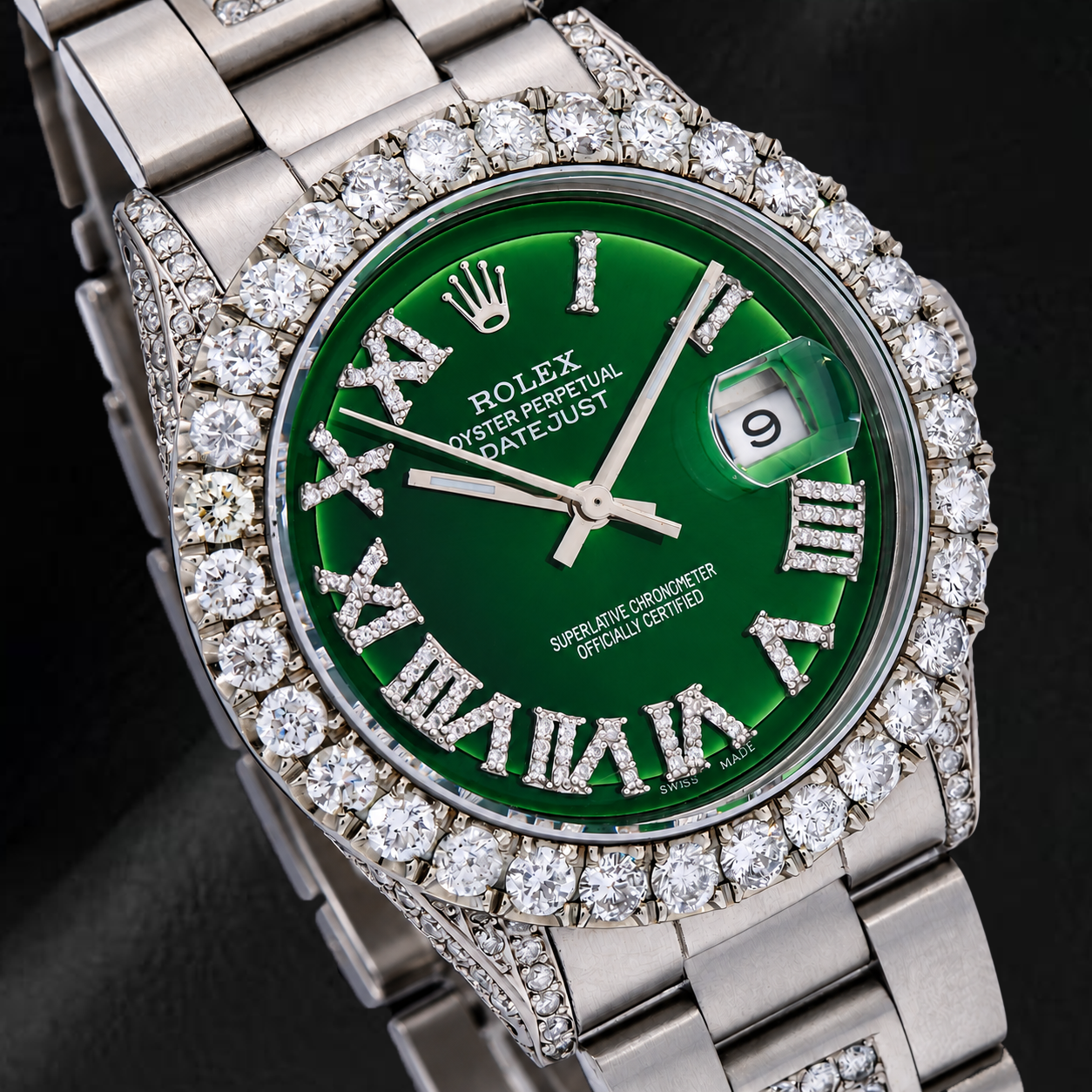Rolex Datejust 36 mm 6605 Uhr aus Edelstahl mit grünem römischem Diamantzifferblatt und Diamantlünette
