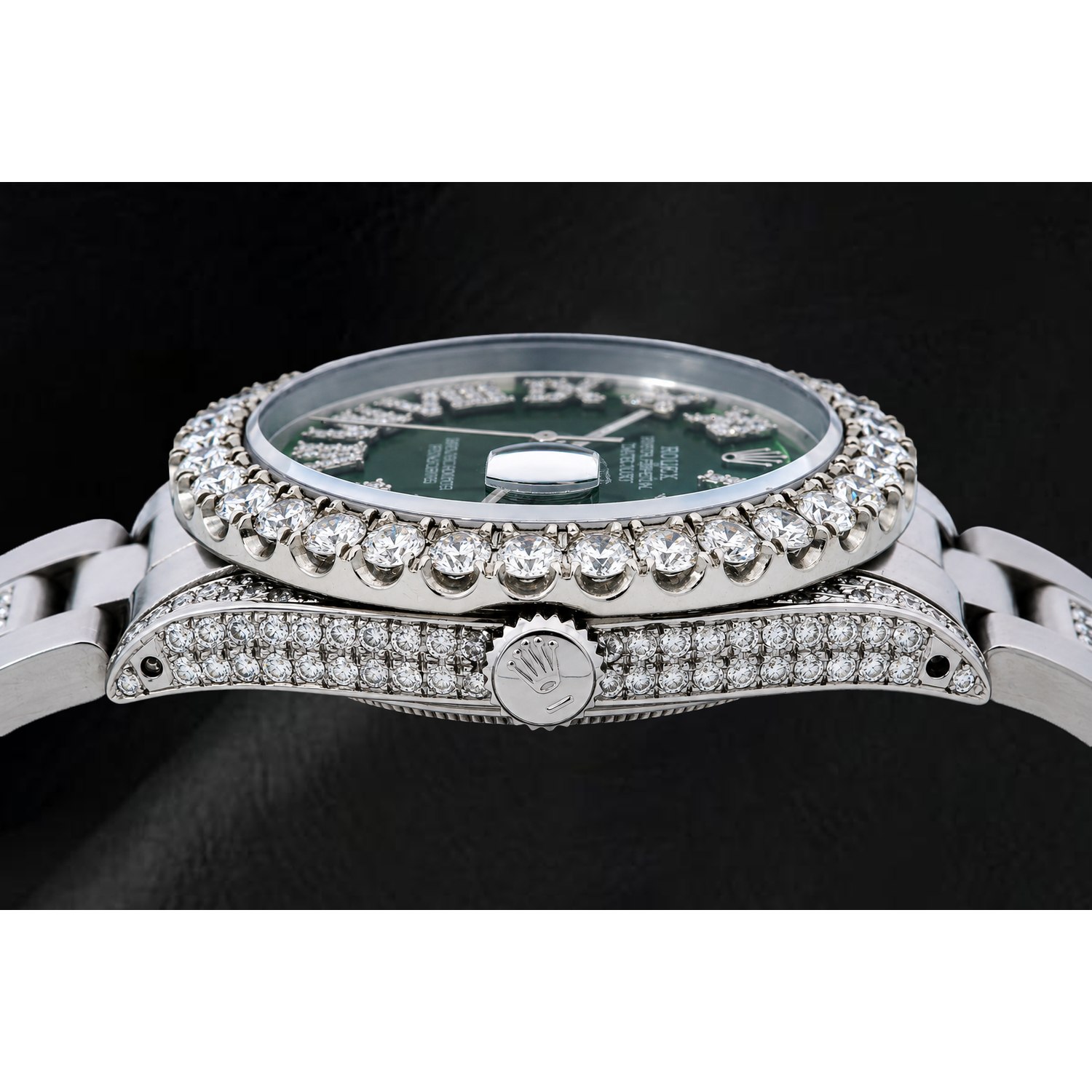 Rolex Datejust 36 mm 6605 Uhr aus Edelstahl mit grünem römischem Diamantzifferblatt und Diamantlünette