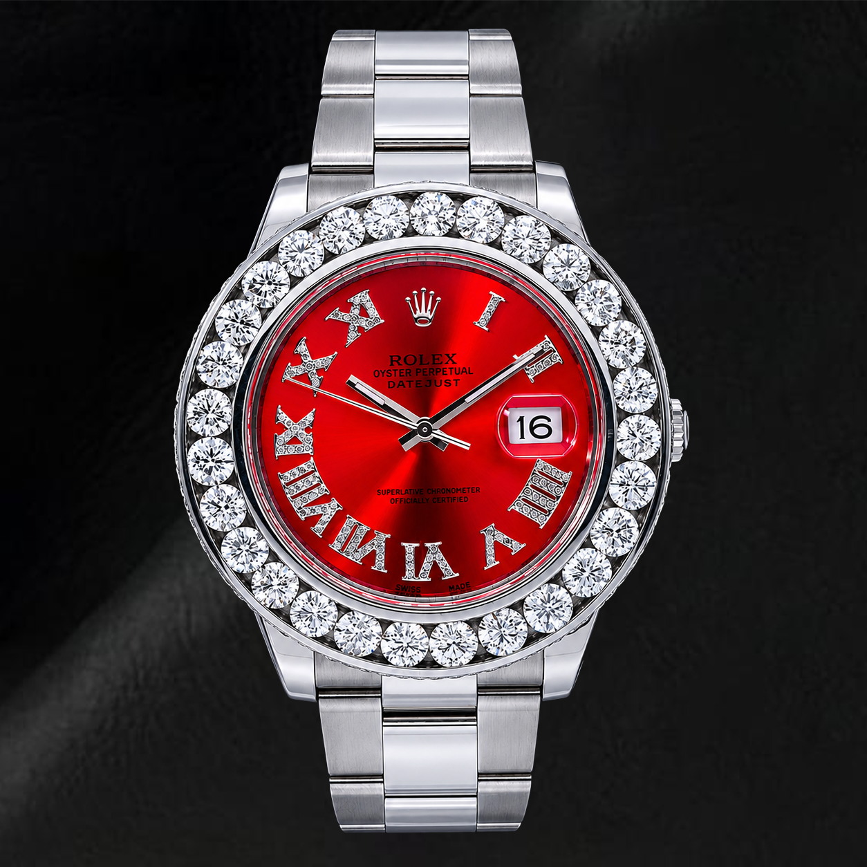 Rolex Datejust 41 mm 116300 Uhr mit rotem römischem Diamantzifferblatt und Diamantlünette