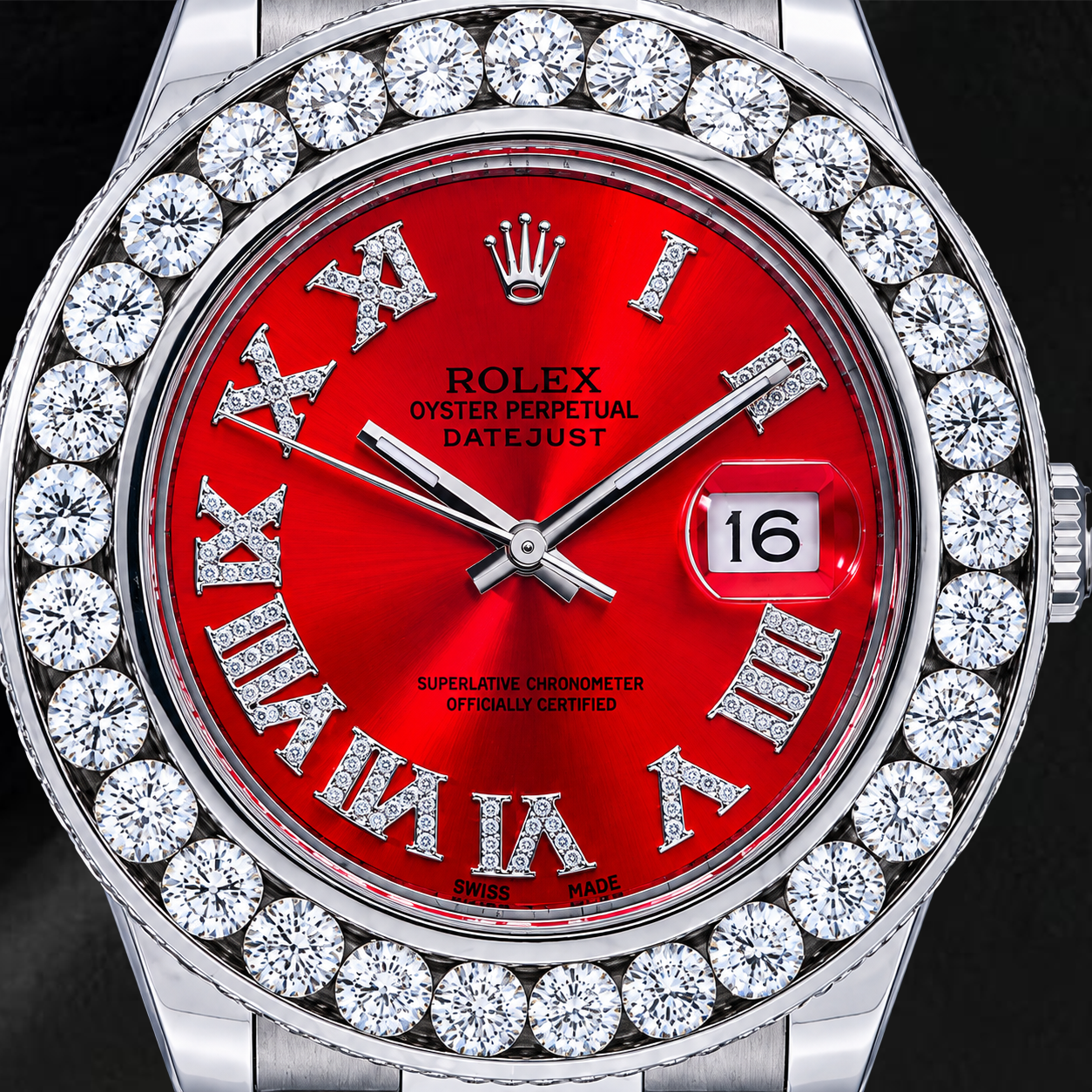 Rolex Datejust 41 mm 116300 Uhr mit rotem römischem Diamantzifferblatt und Diamantlünette