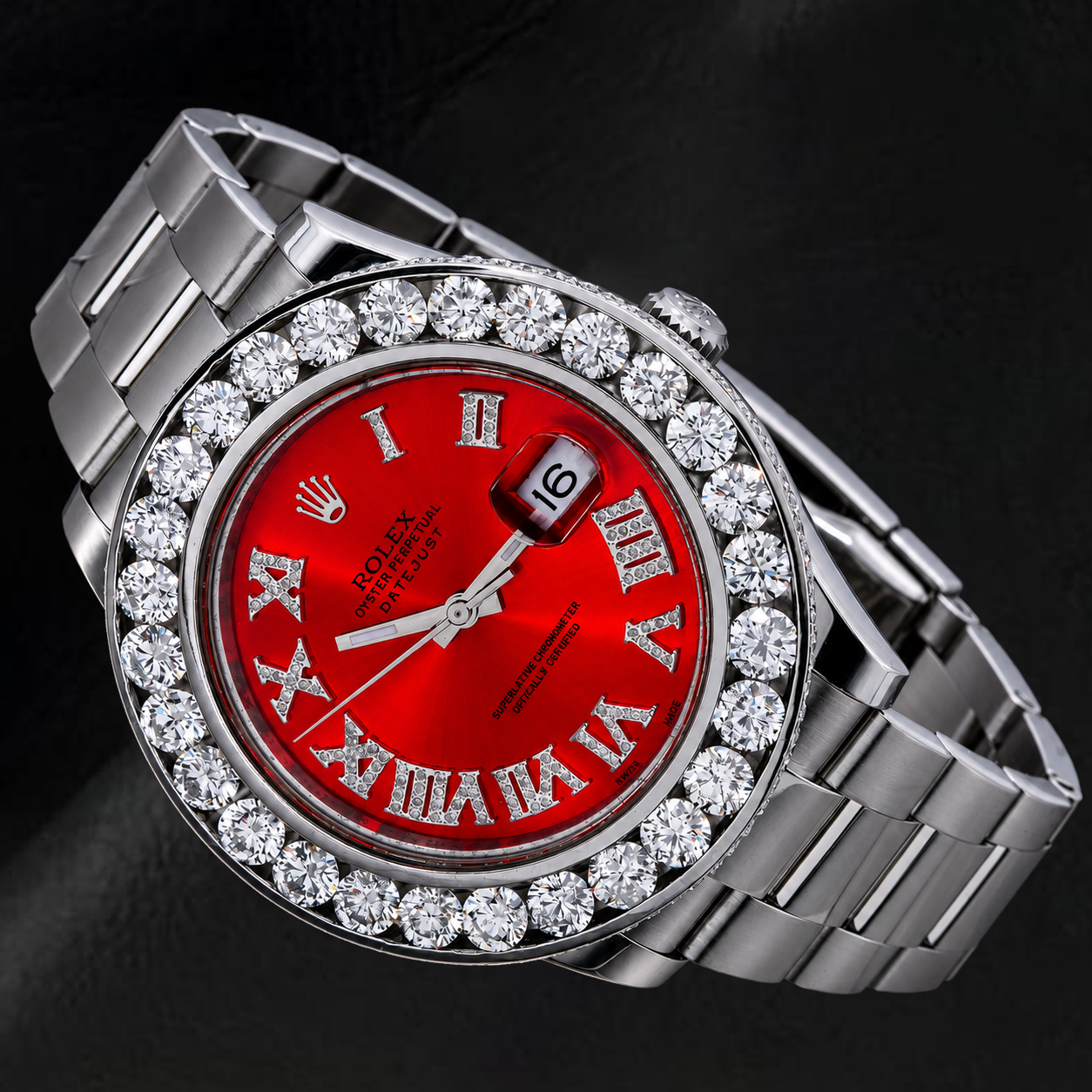 Rolex Datejust 41 mm 116300 Uhr mit rotem römischem Diamantzifferblatt und Diamantlünette