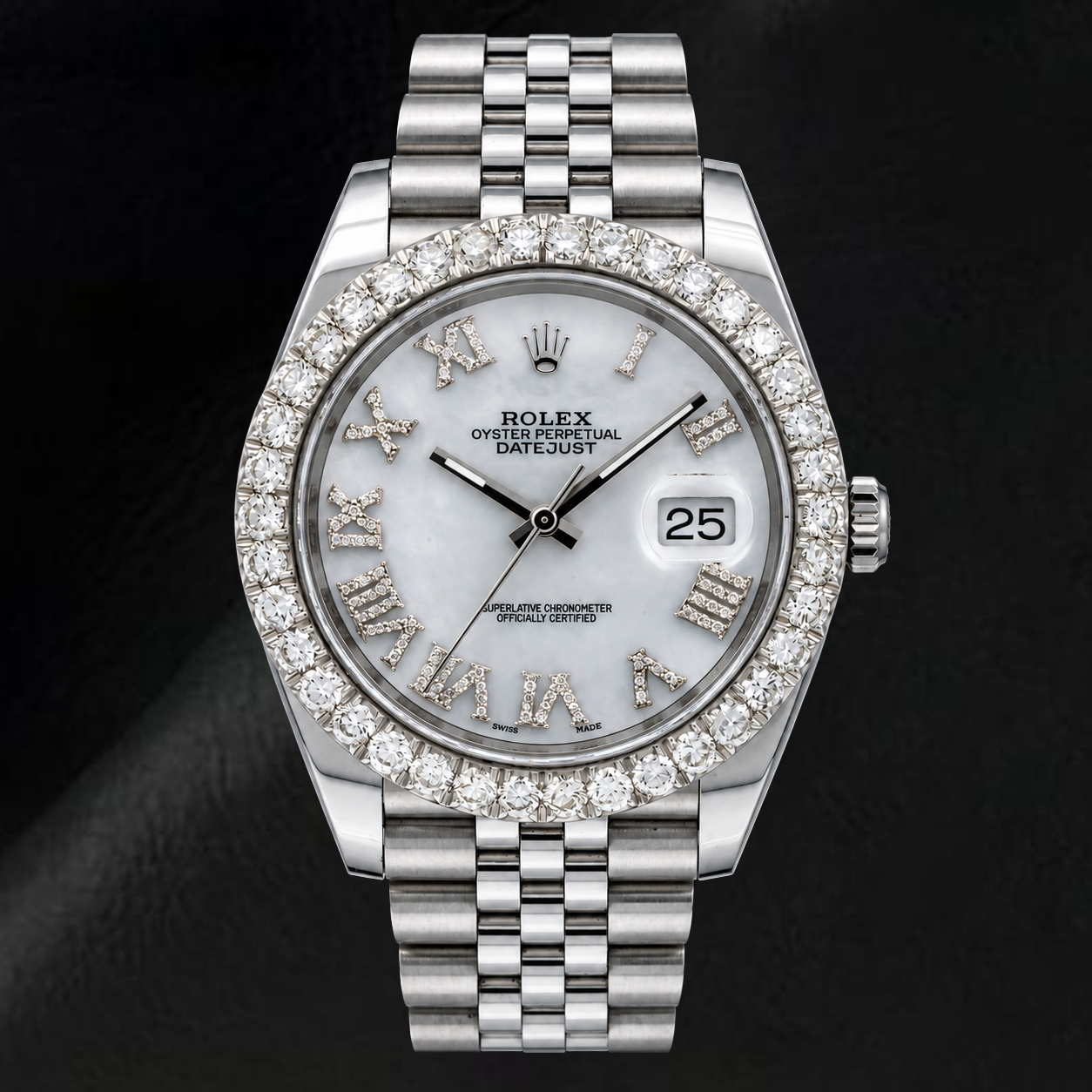 Rolex Datejust 41 mm 126300 Uhr mit weißem Perlmutt-Diamantzifferblatt und römischen Ziffern