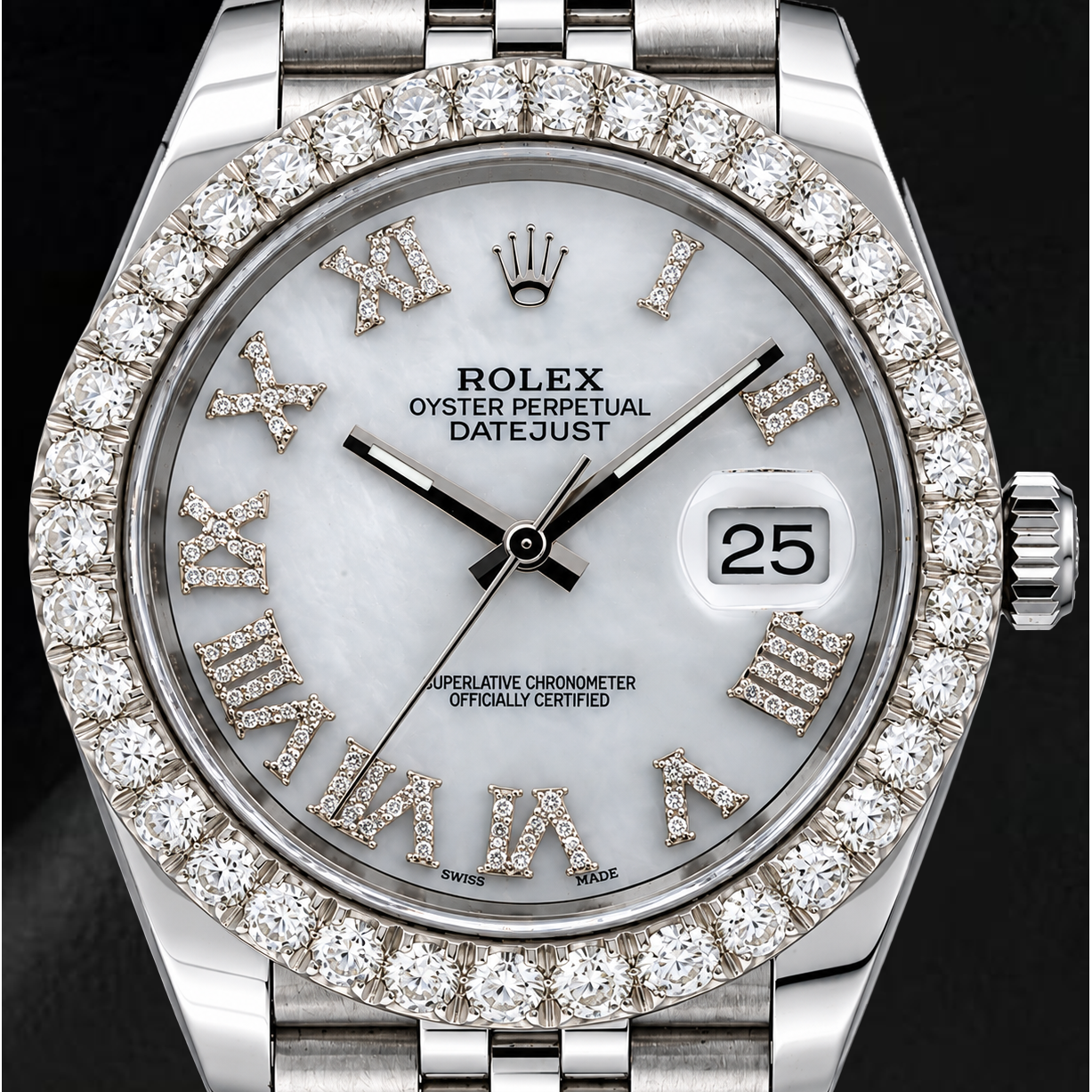 Rolex Datejust 41 mm 126300 Uhr mit weißem Perlmutt-Diamantzifferblatt und römischen Ziffern