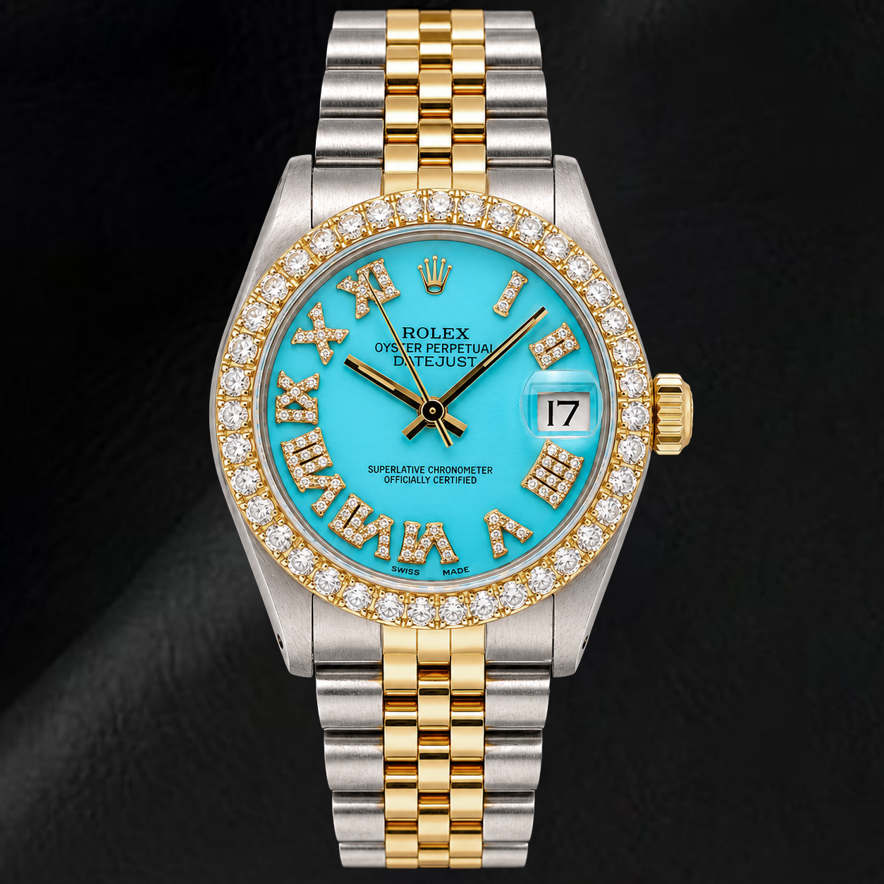 Rolex Datejust 6827 31 mm Bicolor Uhr mit türkisfarbenem Diamantzifferblatt und römischen Ziffern
