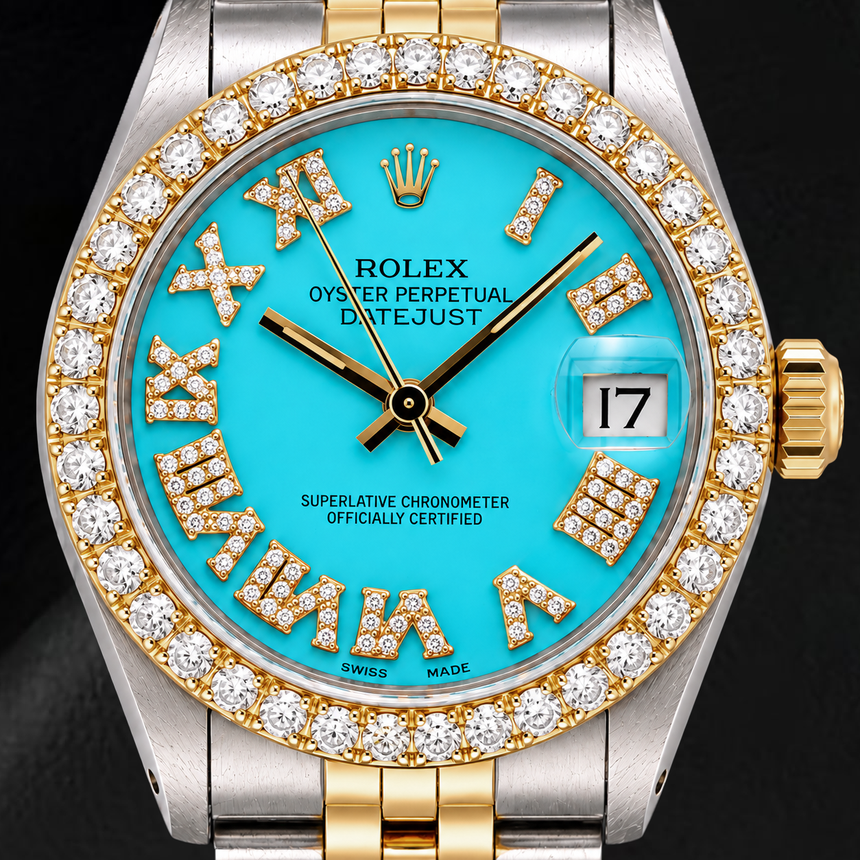 Rolex Datejust 6827 31 mm Bicolor Uhr mit türkisfarbenem Diamantzifferblatt und römischen Ziffern