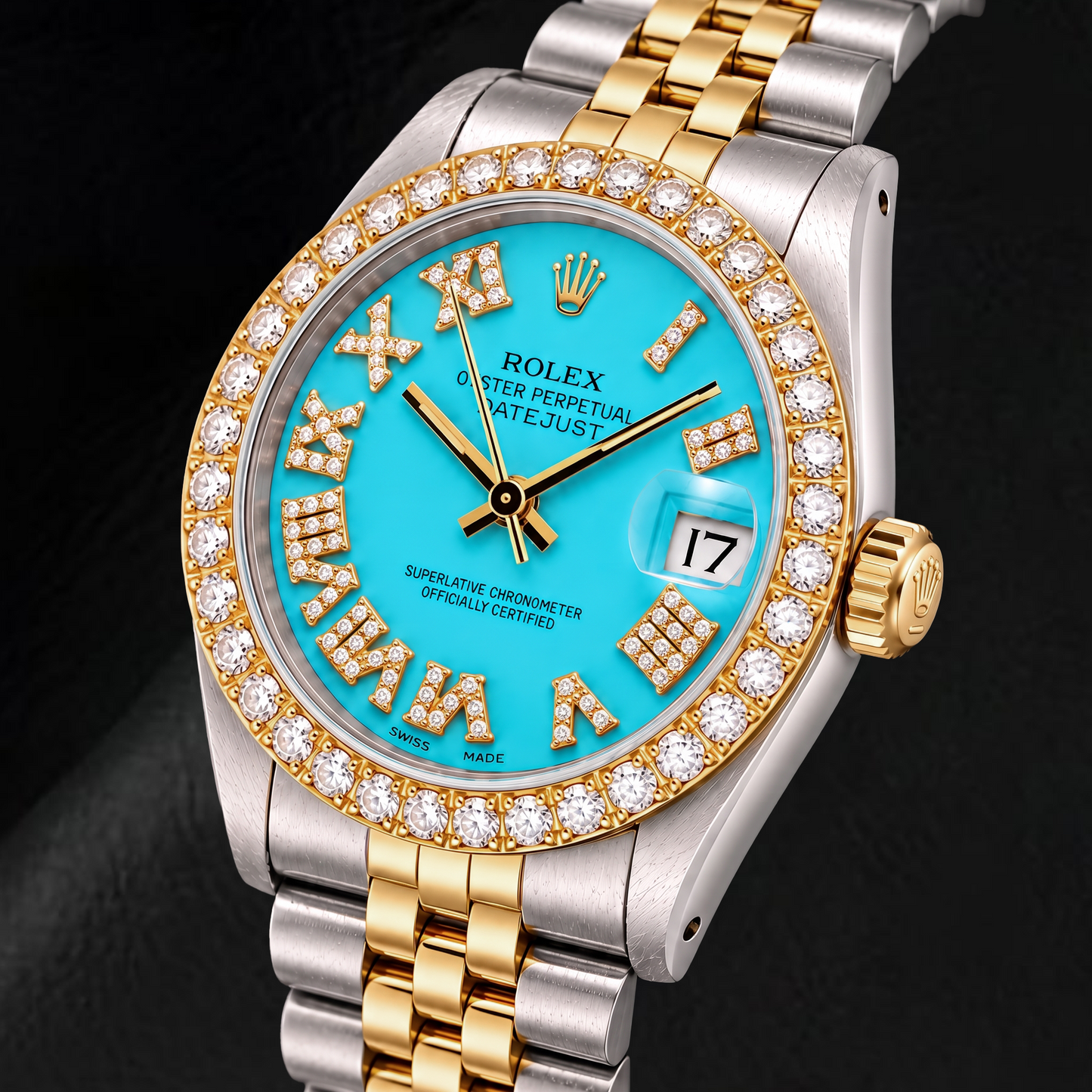 Rolex Datejust 6827 31 mm Bicolor Uhr mit türkisfarbenem Diamantzifferblatt und römischen Ziffern