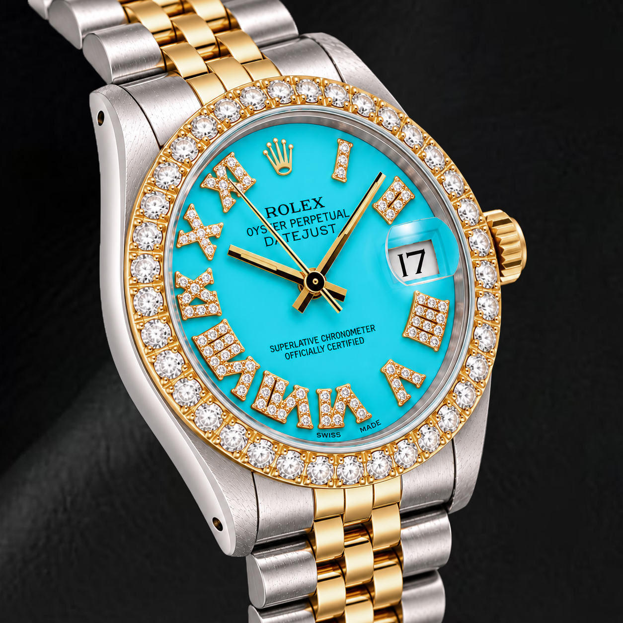 Rolex Datejust 6827 31 mm Bicolor Uhr mit türkisfarbenem Diamantzifferblatt und römischen Ziffern