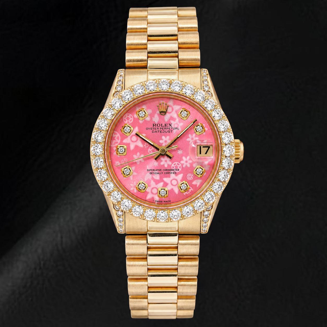 Rolex Datejust 68278 31 mm Gelbgold-Uhr mit rosa floralem Diamantzifferblatt