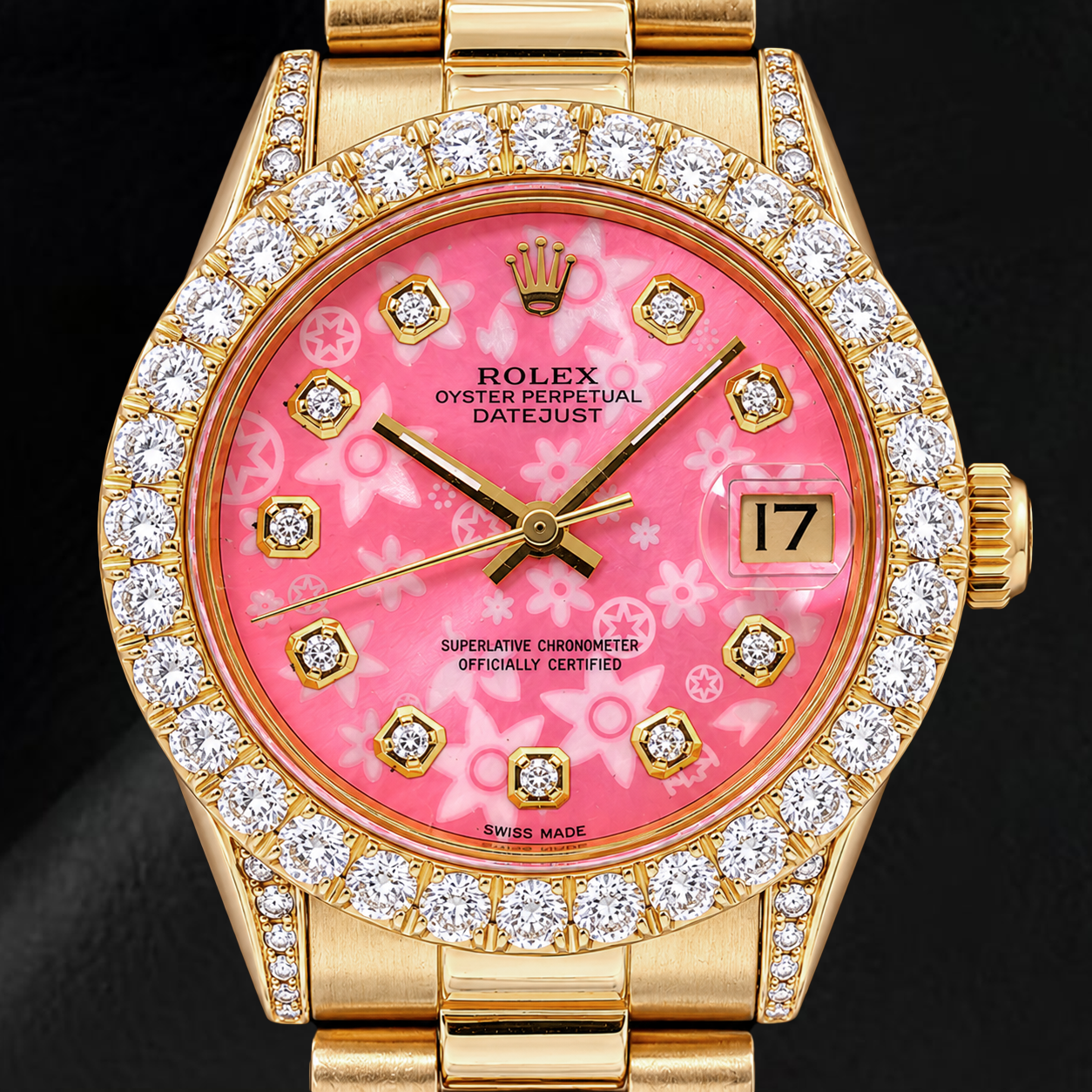 Rolex Datejust 68278 31 mm Gelbgold-Uhr mit rosa floralem Diamantzifferblatt