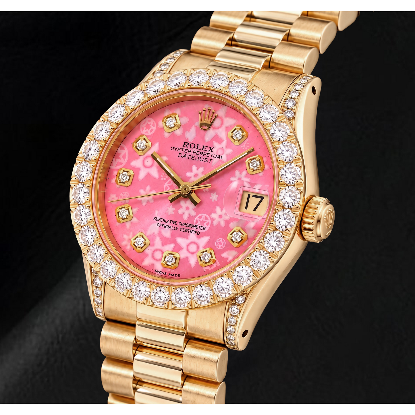 Rolex Datejust 68278 31 mm Gelbgold-Uhr mit rosa floralem Diamantzifferblatt