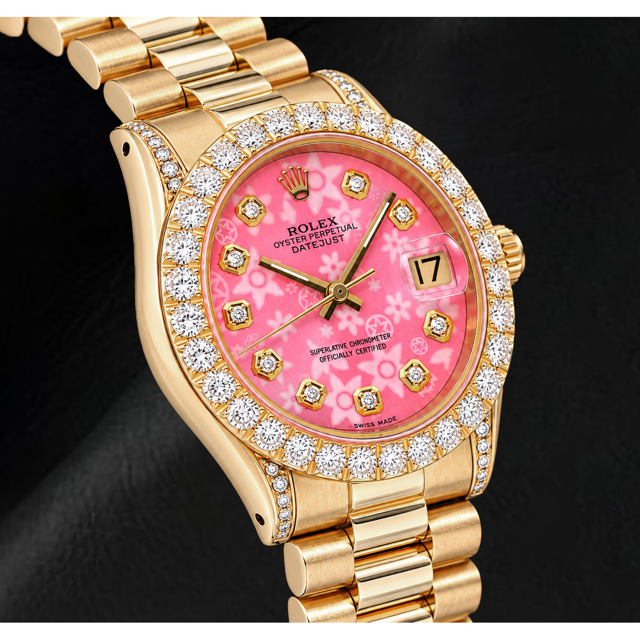 Rolex Datejust 68278 31 mm Gelbgold-Uhr mit rosa floralem Diamantzifferblatt