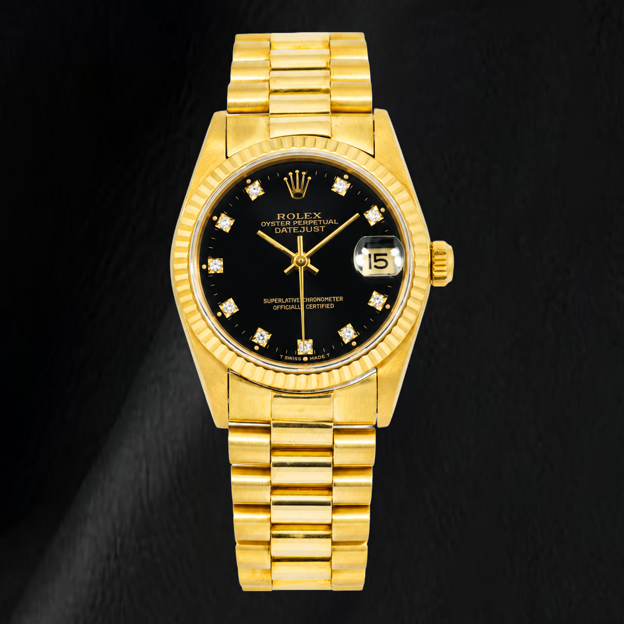 Rolex Datejust 68278 31 mm Gelbgold Uhr mit schwarzem Diamantzifferblatt ab Werk