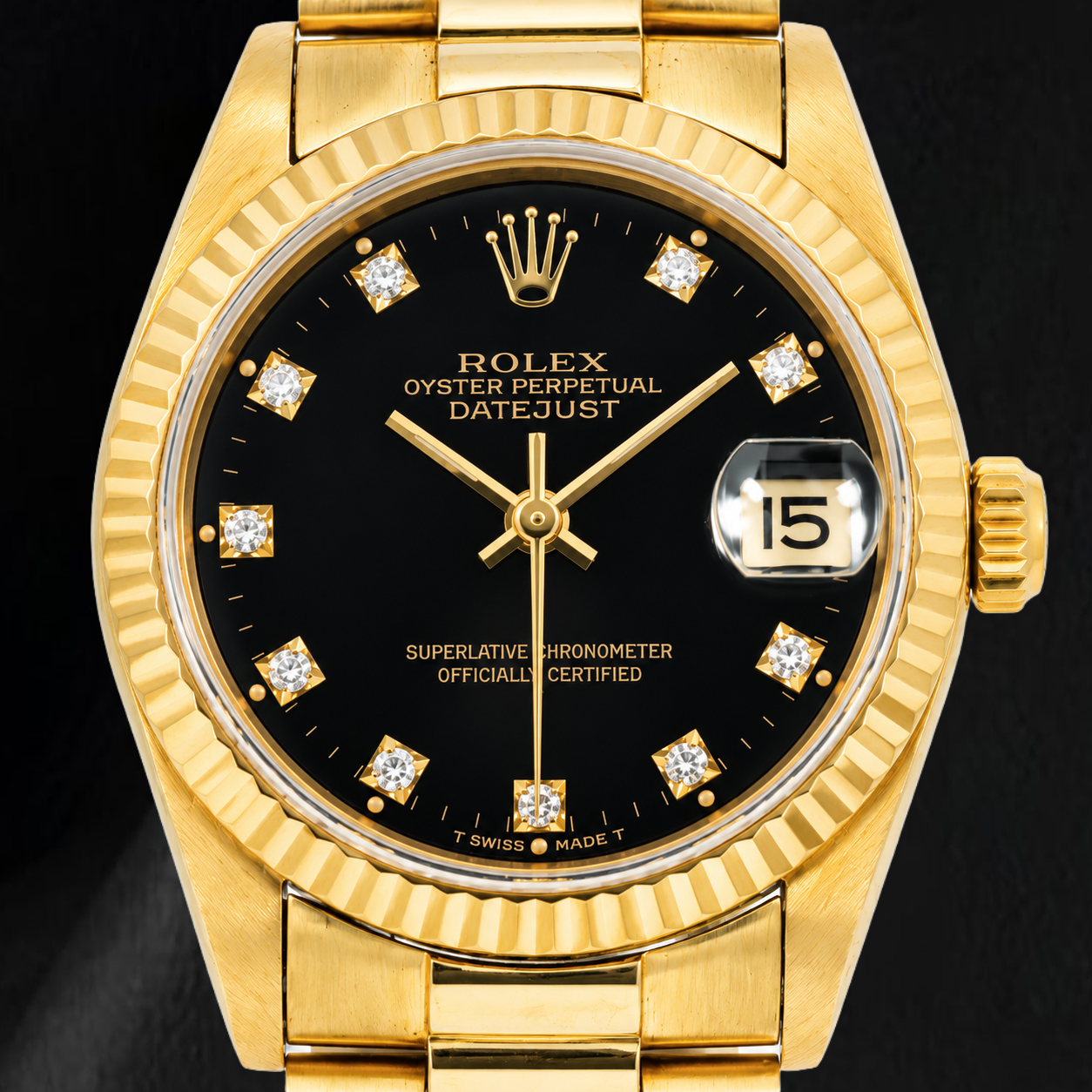 Rolex Datejust 68278 31 mm Gelbgold Uhr mit schwarzem Diamantzifferblatt ab Werk