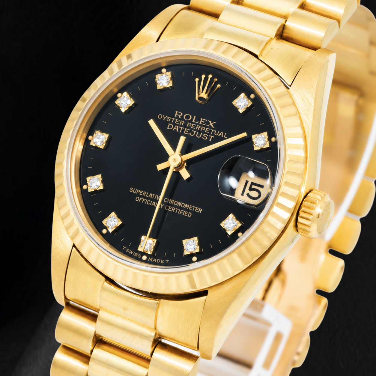 Rolex Datejust 68278 31 mm Gelbgold Uhr mit schwarzem Diamantzifferblatt ab Werk