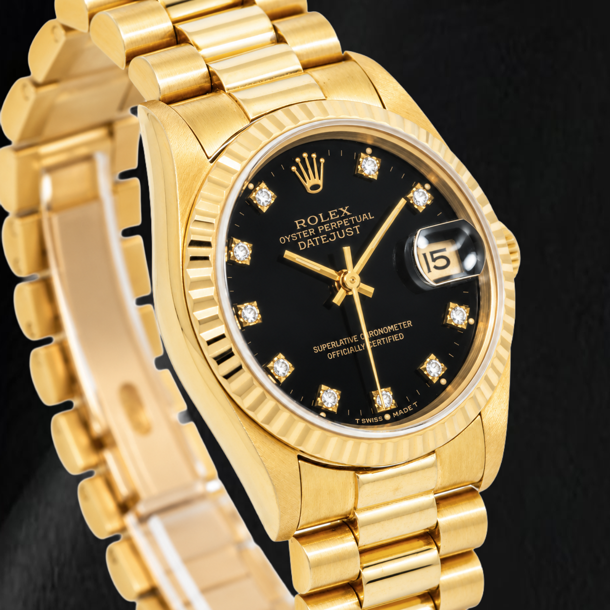 Rolex Datejust 68278 31 mm Gelbgold Uhr mit schwarzem Diamantzifferblatt ab Werk