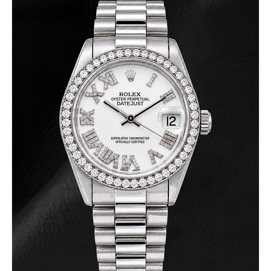 Rolex Datejust 68279 31 mm Weißgold Uhr mit weißem Diamantzifferblatt und römischen Ziffern
