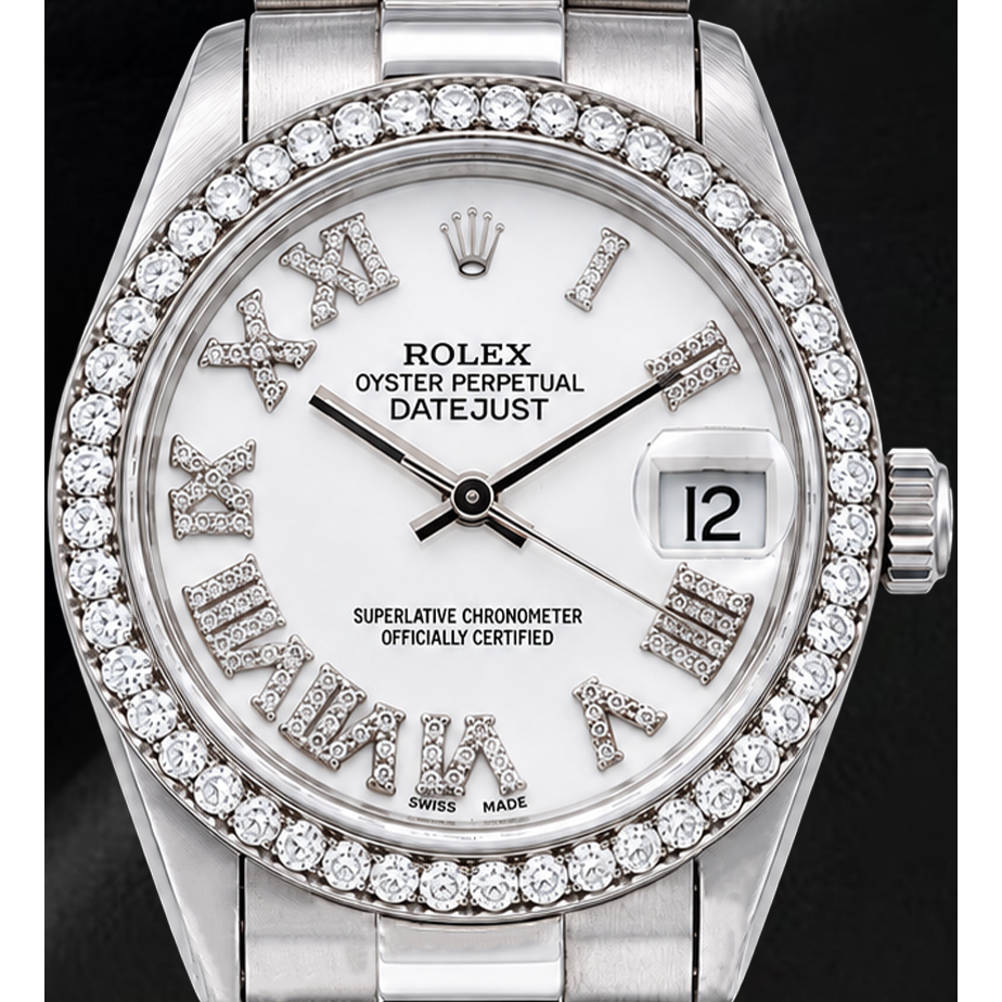 Rolex Datejust 68279 31 mm Weißgold Uhr mit weißem Diamantzifferblatt und römischen Ziffern
