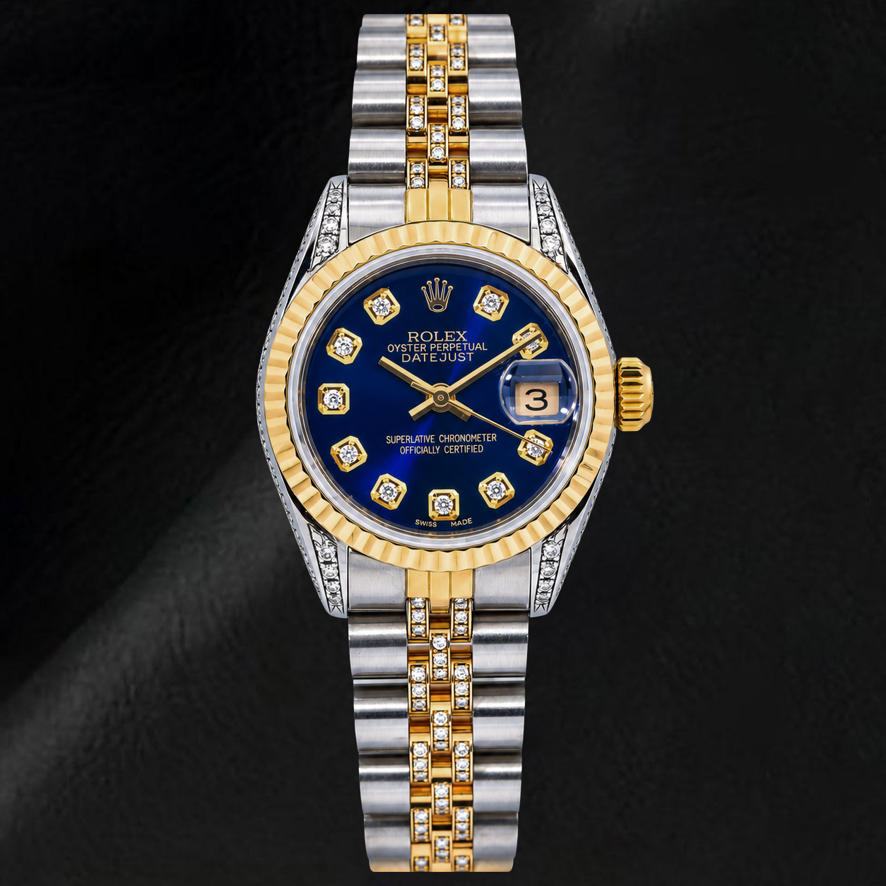 Rolex Datejust 6917 26 mm Bicolor Uhr mit blauem Diamantzifferblatt und Halb-Diamant Jubilé-Armband